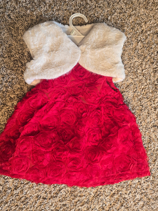 Cat & Jack 18M Red Rosette Dress and White Faux Fur Vest