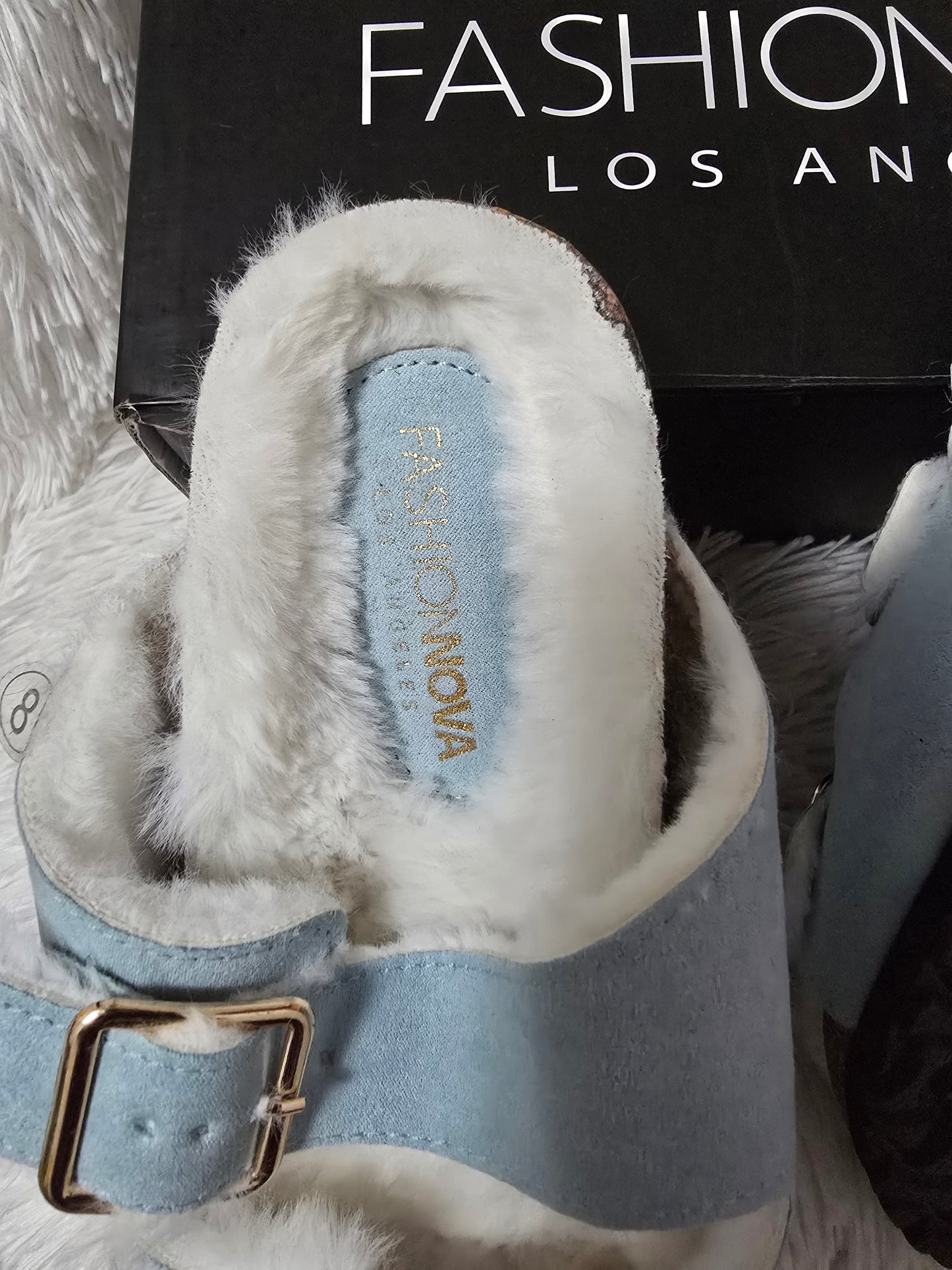 Fashion Nova Women's Faux Fur Double Buckle Slide Sandals – Pink/Blue– Size 8