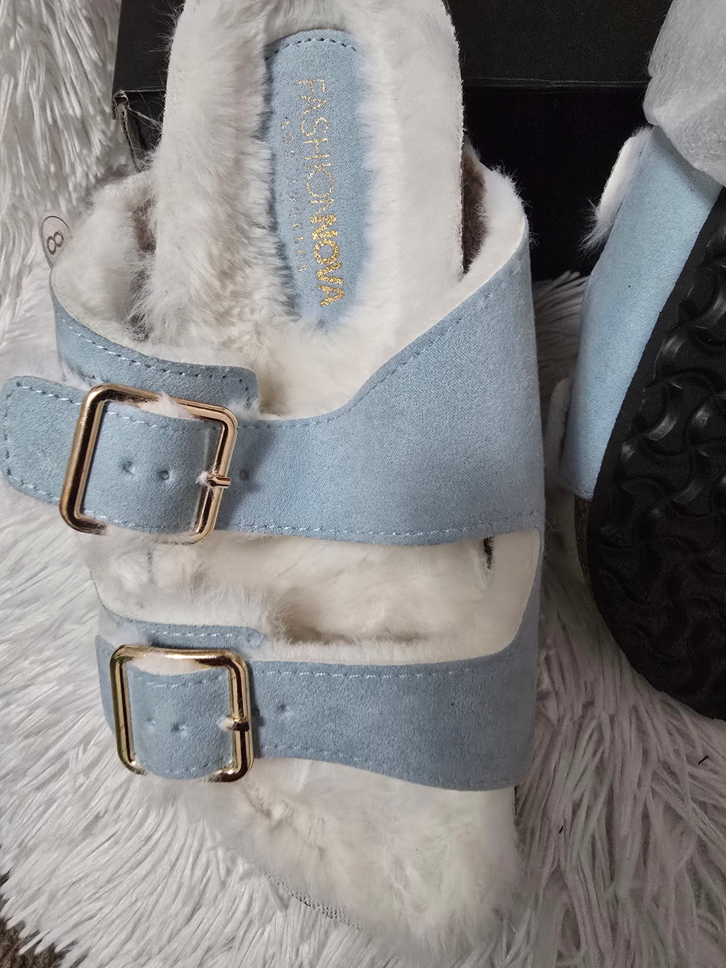 Fashion Nova Women's Faux Fur Double Buckle Slide Sandals – Pink/Blue– Size 8