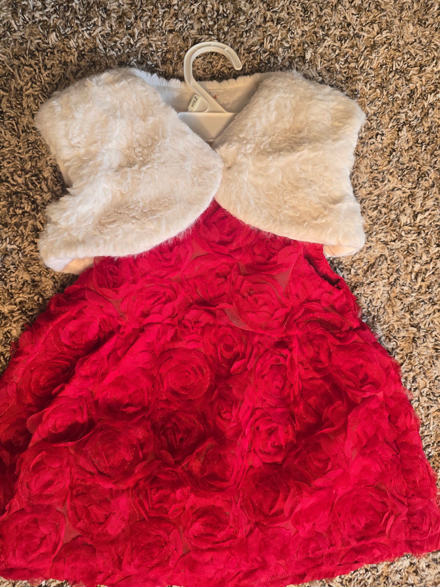 Cat & Jack 18M Red Rosette Dress and White Faux Fur Vest