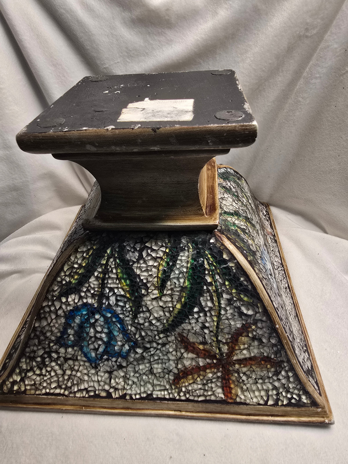 Decorative Mosaic Pedestal Bowl Dragonfly Butterfly Design Gold Tone 10" Centerpiece