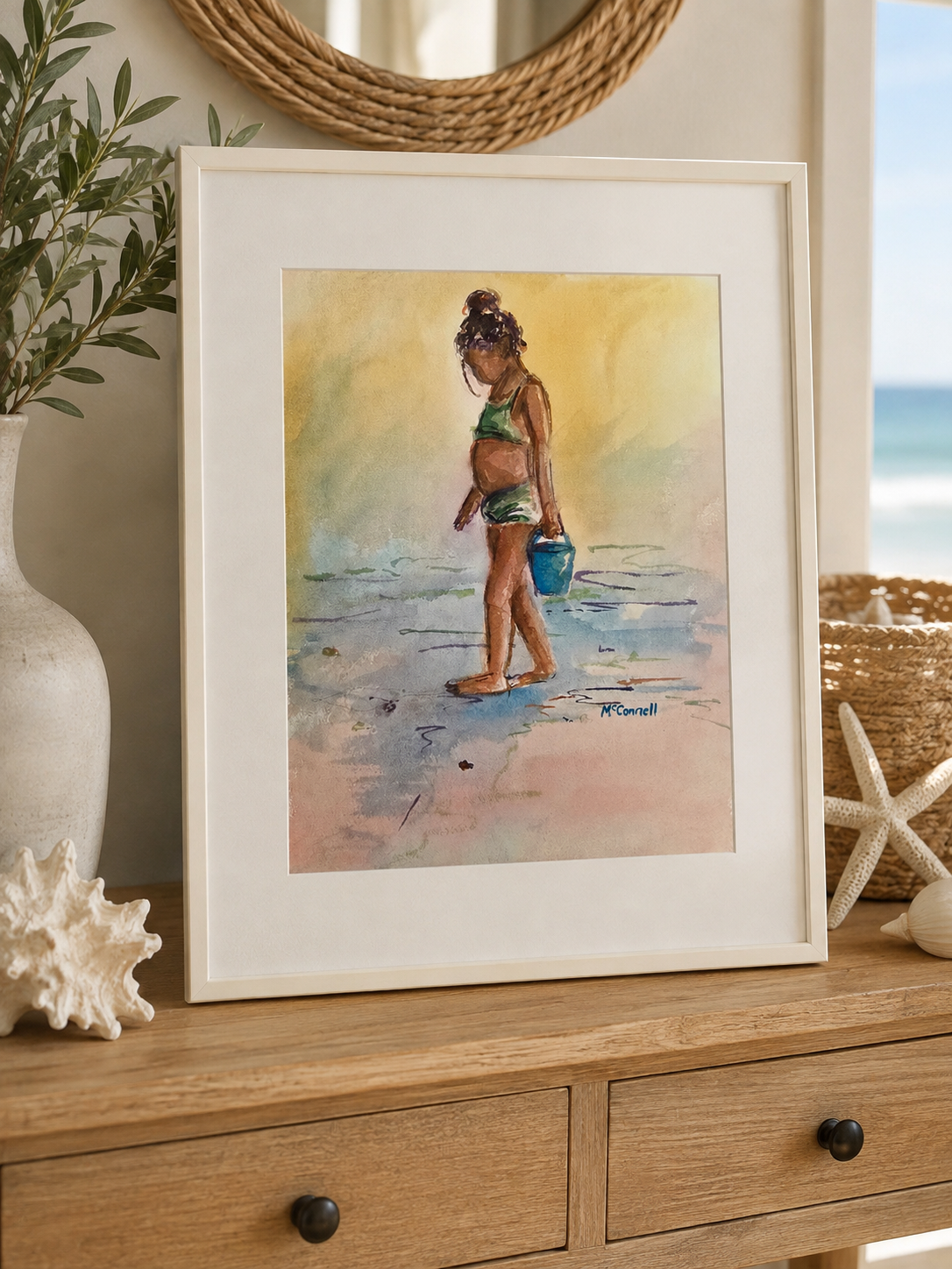 Original Signed McConnell Watercolor Painting Beach Girl w/ Blue Bucket Coastal Art
