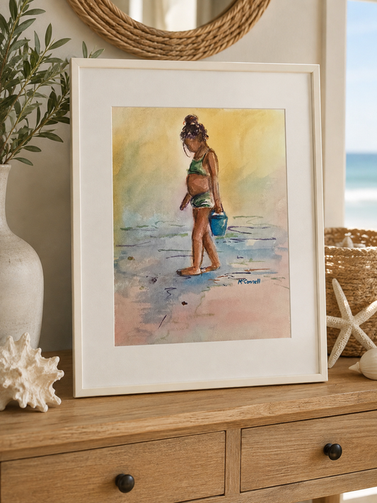 Original Signed McConnell Watercolor Painting Beach Girl w/ Blue Bucket Coastal Art