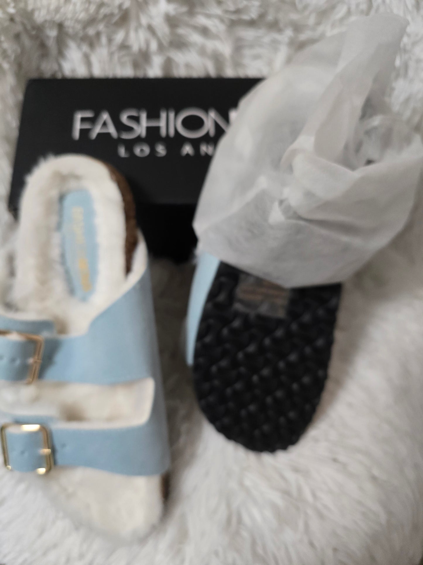 Fashion Nova Women's Faux Fur Double Buckle Slide Sandals – Pink/Blue– Size 8
