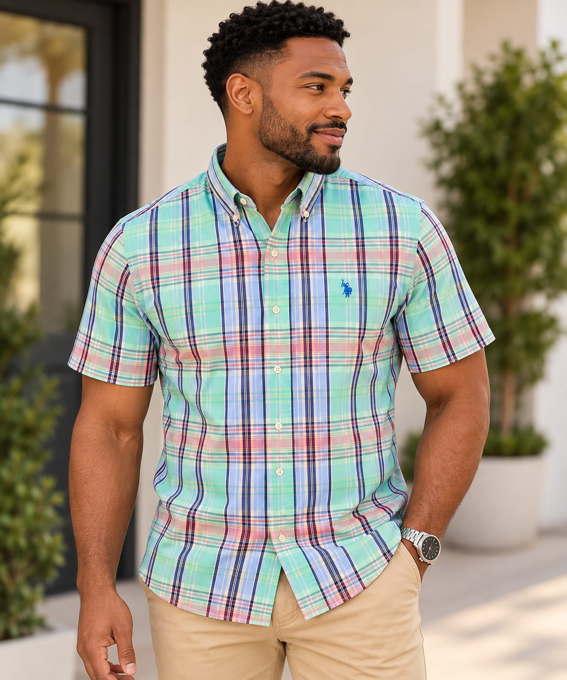 U.S. Polo Assn. Men’s Small Plaid Short Sleeve Button Down Stretch Shirt Green Blue