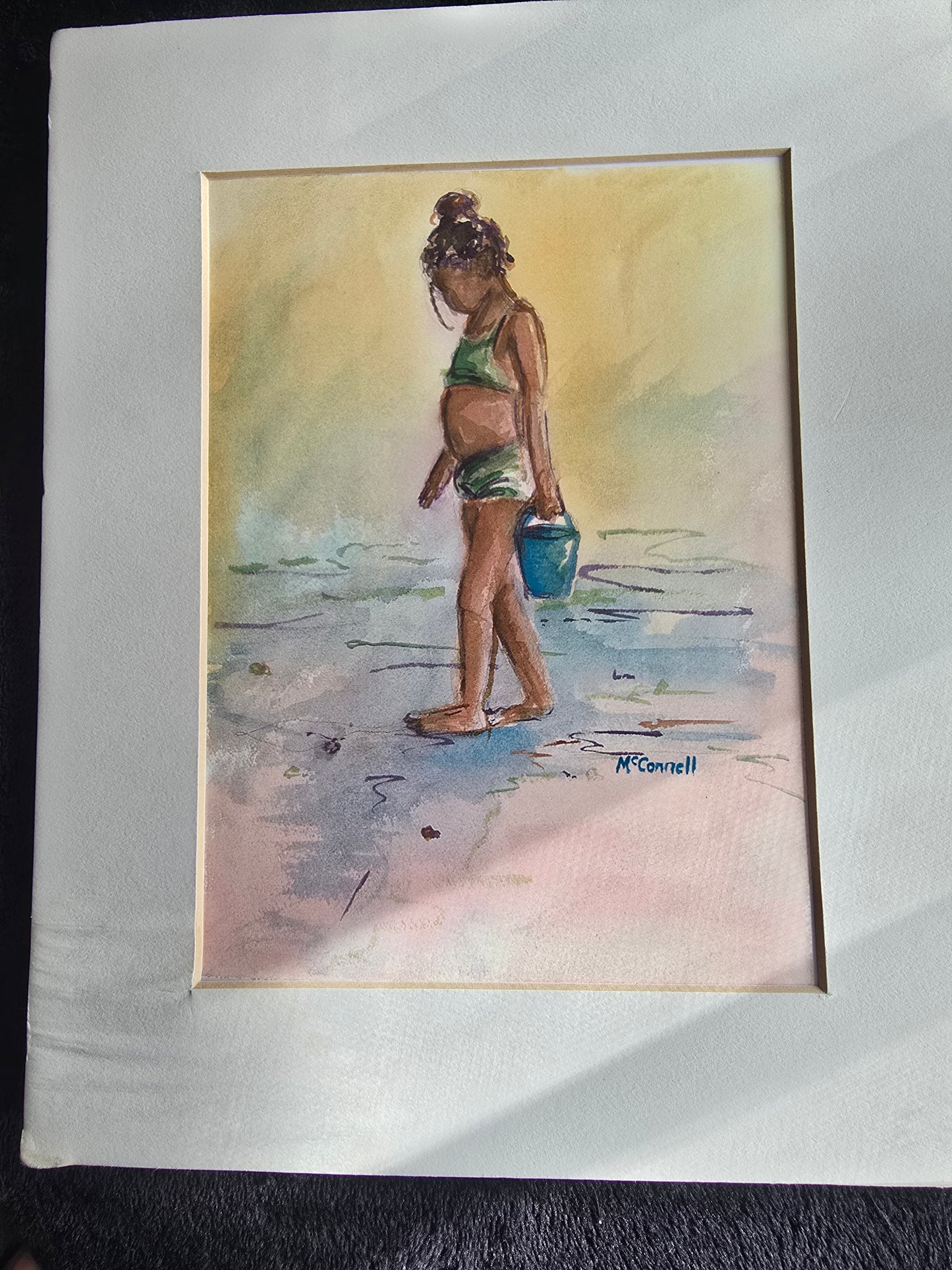 Original Signed McConnell Watercolor Painting Beach Girl w/ Blue Bucket Coastal Art