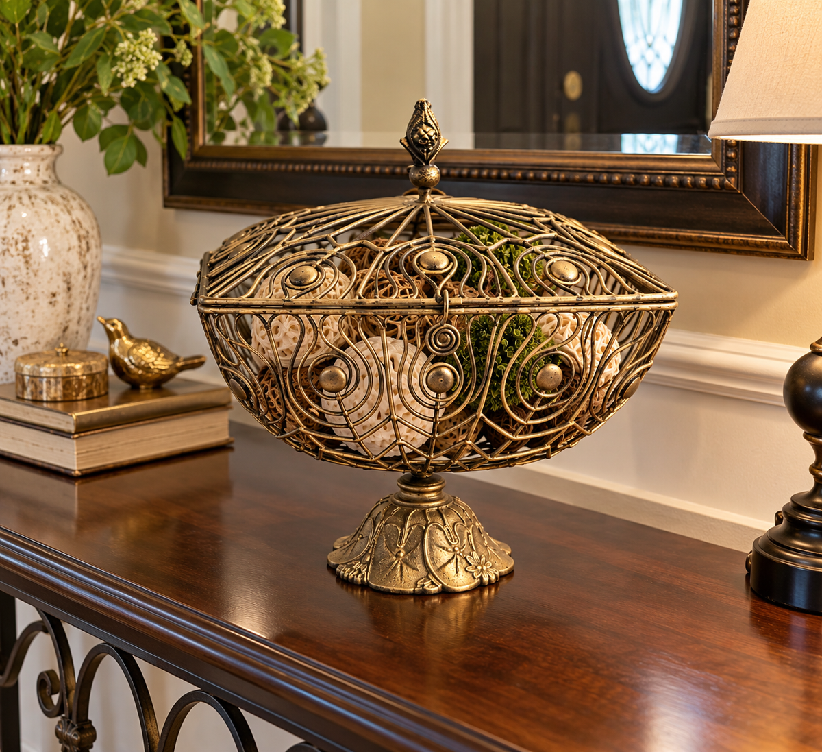 Ornate Gold Metal Wire Pedestal Basket with Lid Decorative Centerpiece