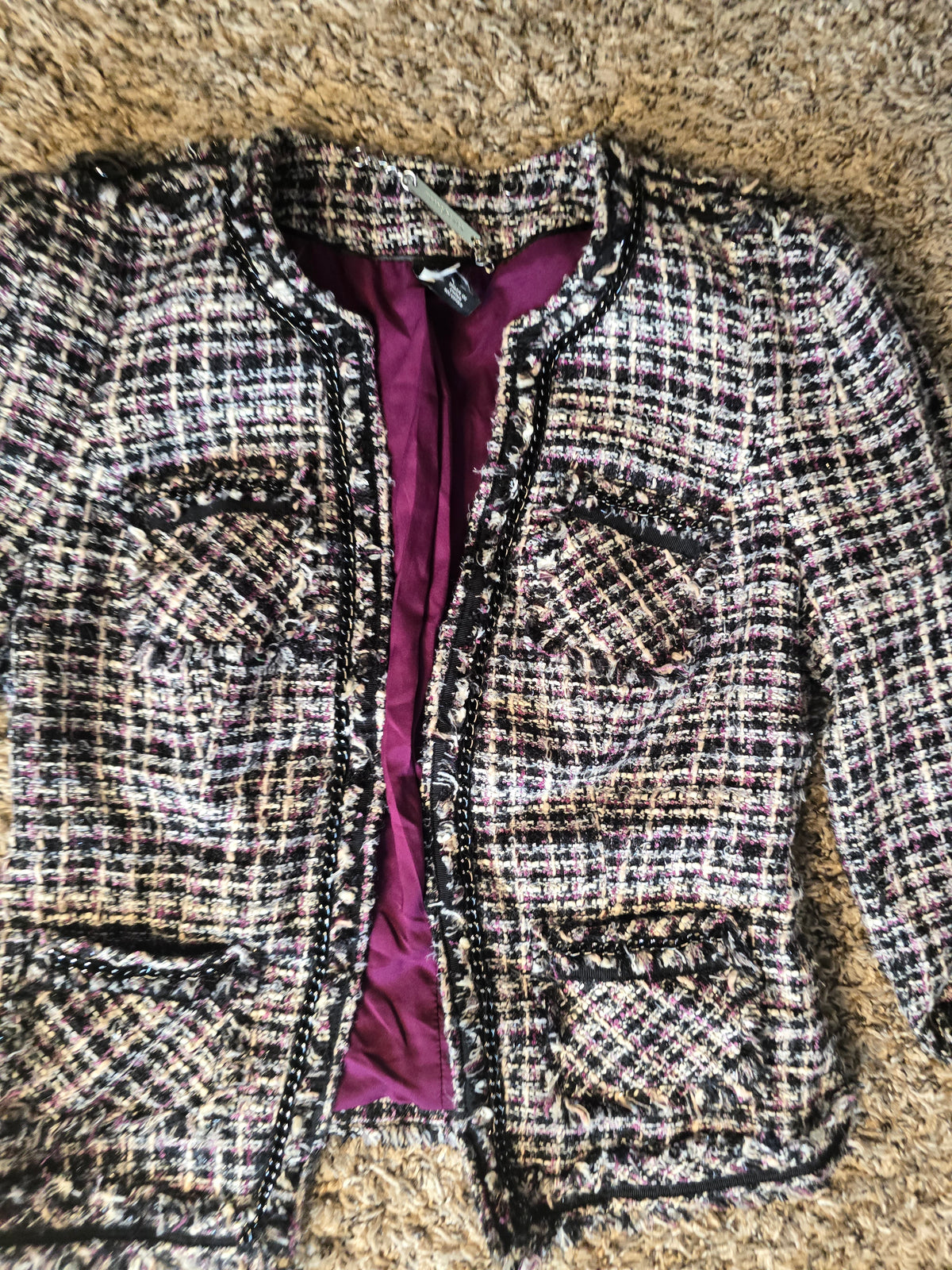 White House Black Market WHBM Tweed Bouclé Jacket Women's Size 0 Pink Black