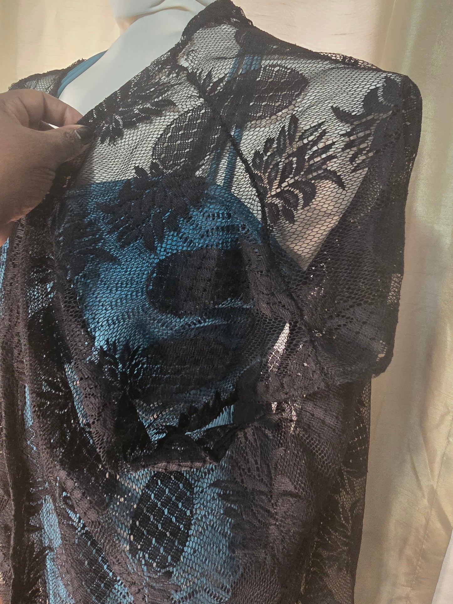 Black Sheer Pineapple Lace Fringe Kimono Cover-Up