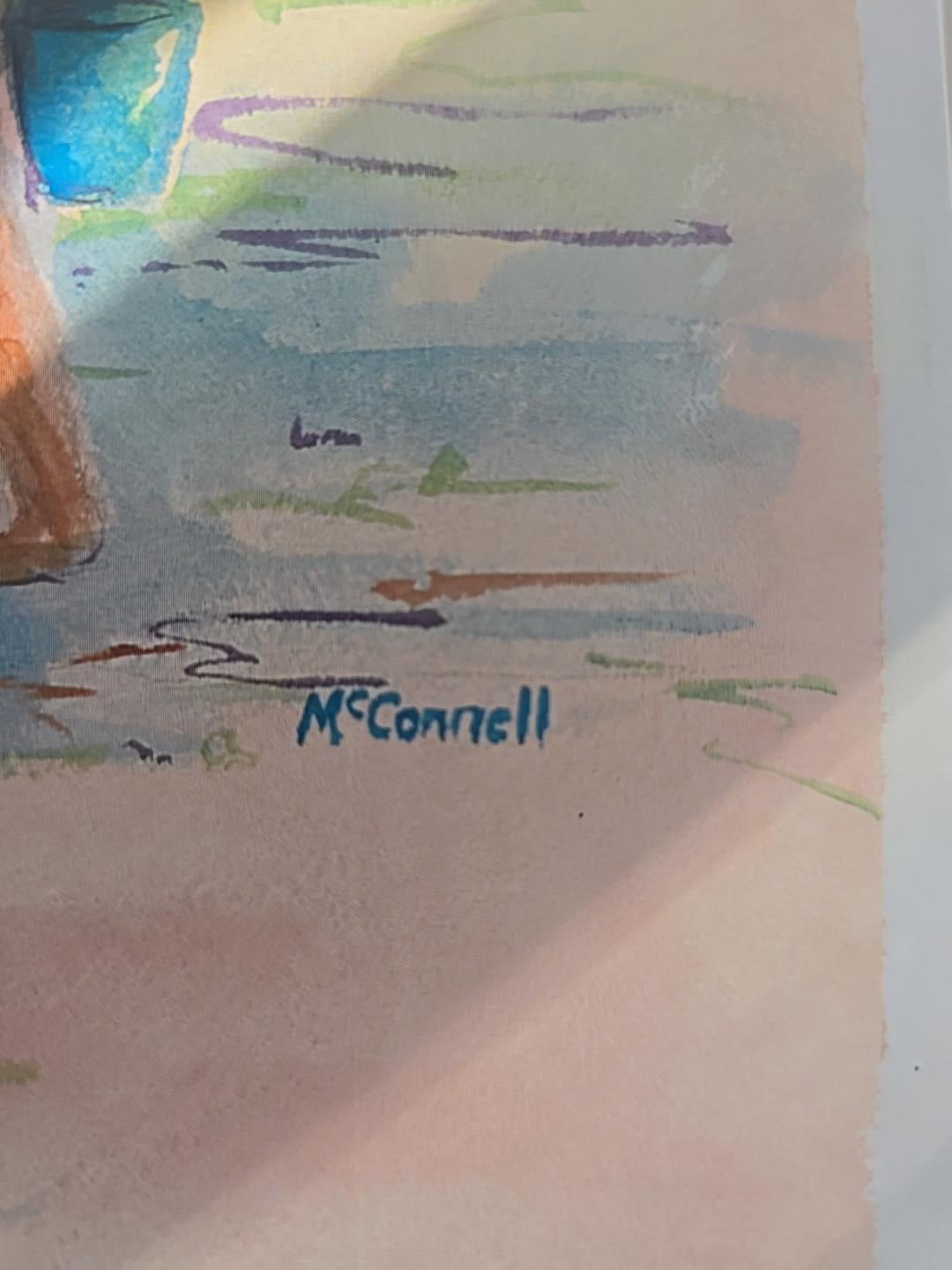 Original Signed McConnell Watercolor Painting Beach Girl w/ Blue Bucket Coastal Art