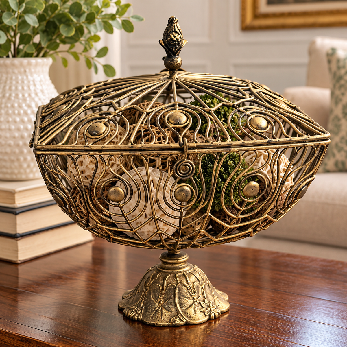 Ornate Gold Metal Wire Pedestal Basket with Lid Decorative Centerpiece