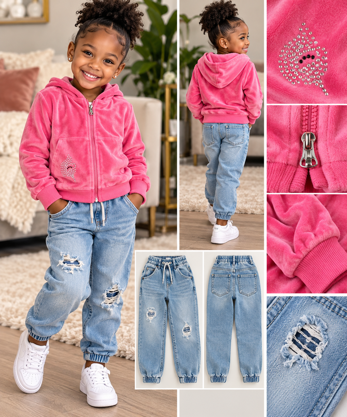Girls H&M Pink Velour Hoodie & Blue Denim Joggers Mix & Match Set Size 3–4Y