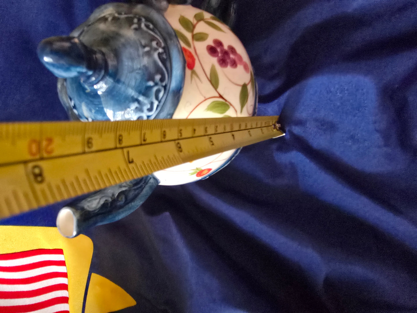 Vintage Ceramic Stackable Teapot & Teacup Set – Hand-Painted Fruit & Floral Design Blue Trim