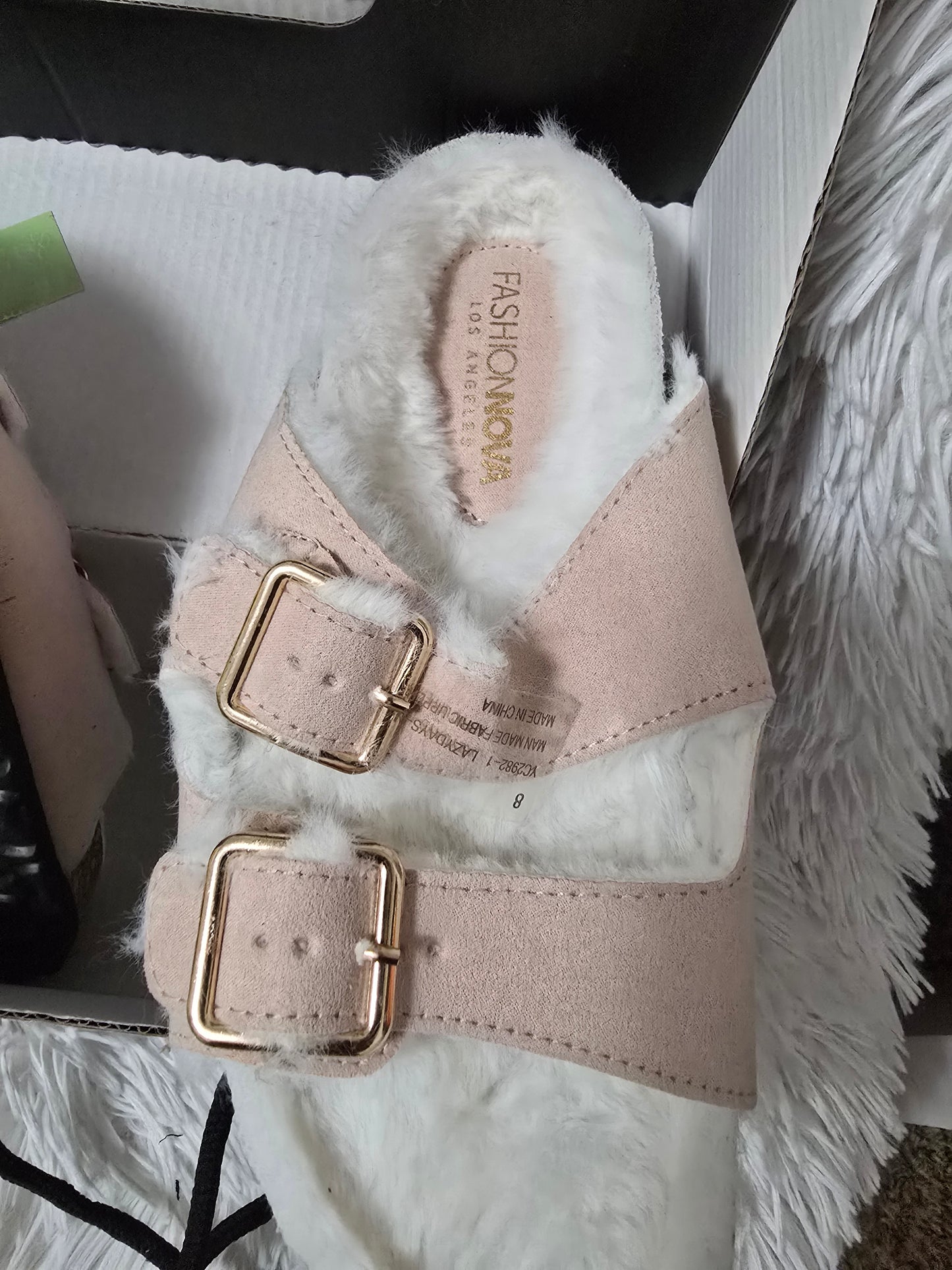 Fashion Nova Women's Faux Fur Double Buckle Slide Sandals – Pink/Blue– Size 8