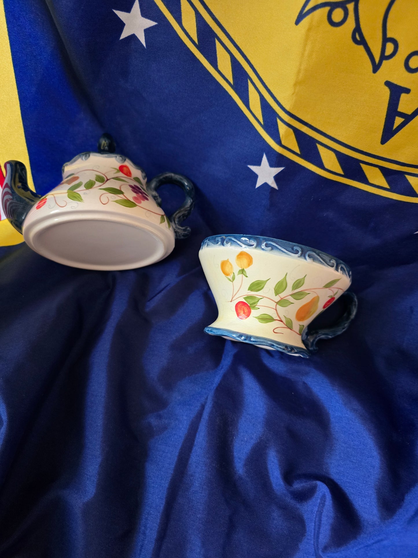 Vintage Ceramic Stackable Teapot & Teacup Set – Hand-Painted Fruit & Floral Design Blue Trim