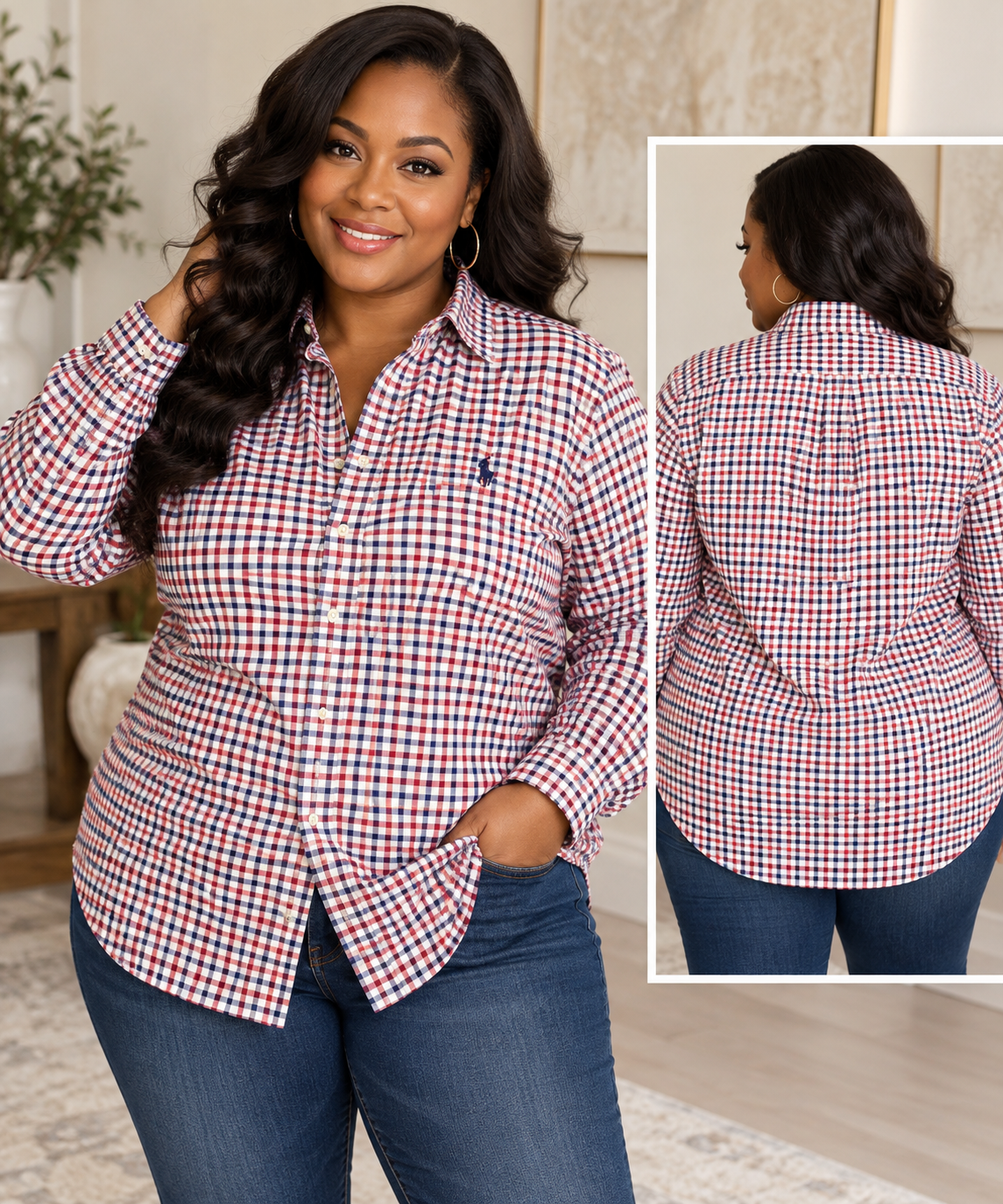Ralph Lauren Women's Plaid Button-Down Shirt Size 20 – Red, Navy & White
