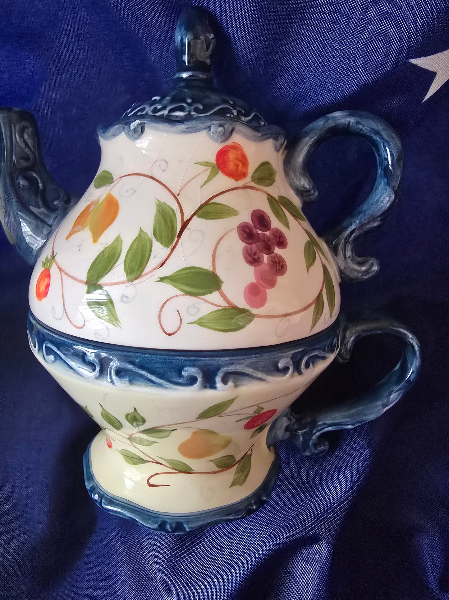 Vintage Ceramic Stackable Teapot & Teacup Set – Hand-Painted Fruit & Floral Design Blue Trim