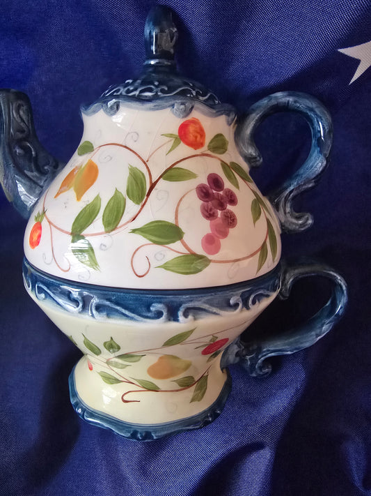 Vintage Ceramic Stackable Teapot & Teacup Set – Hand-Painted Fruit & Floral Design Blue Trim