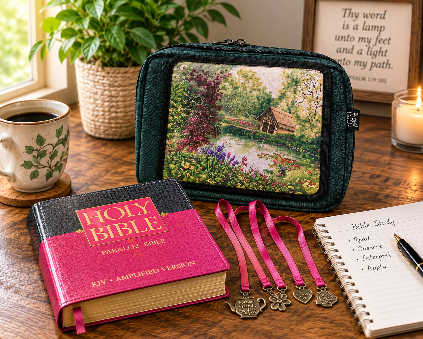KJV & Amplified Parallel Holy Bible with Green Floral Bible Case + 4 Ribbon Bookmarks