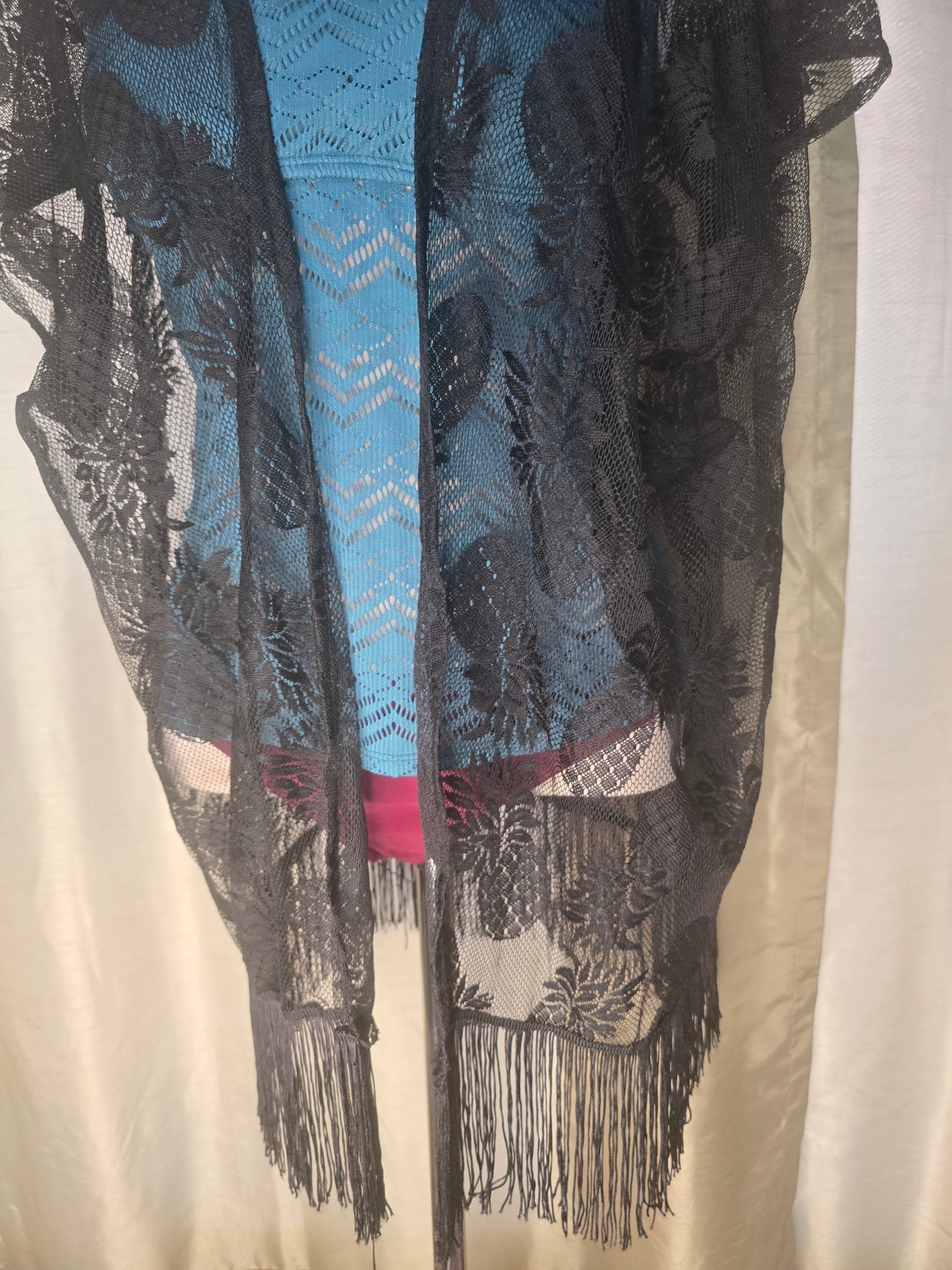 Black Sheer Pineapple Lace Fringe Kimono Cover-Up
