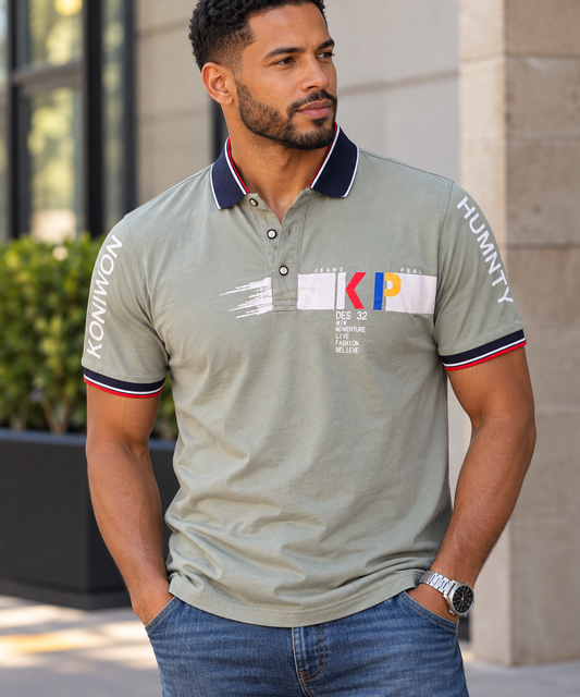 Alberto Cardinali Men's Gray Graphic Polo Shirt Short Sleeve Navy Collar Size M