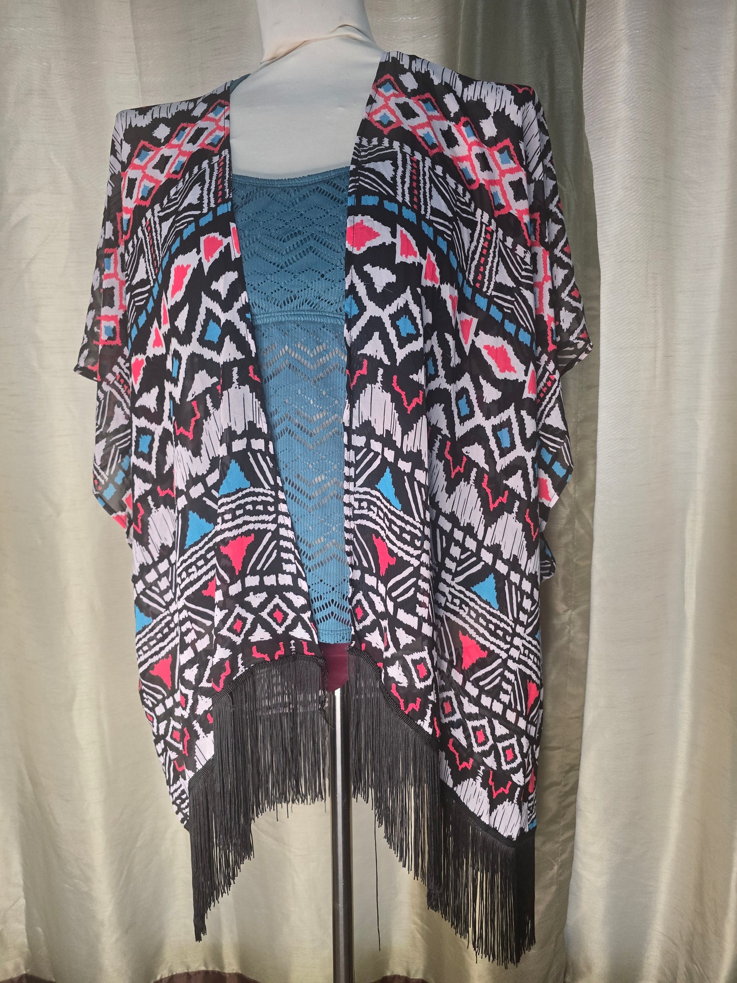 Fringe Geometric Kimono Swim Cover-Up – Black, White, Pink & Blue size M