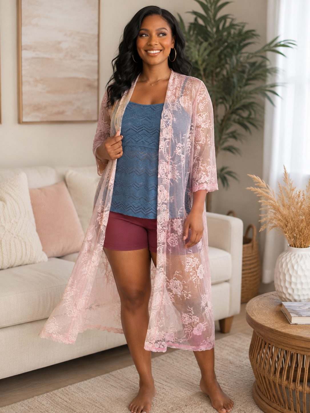 Eve & Maddie Pink Floral Lace Kimono Cover-Up – Size Large