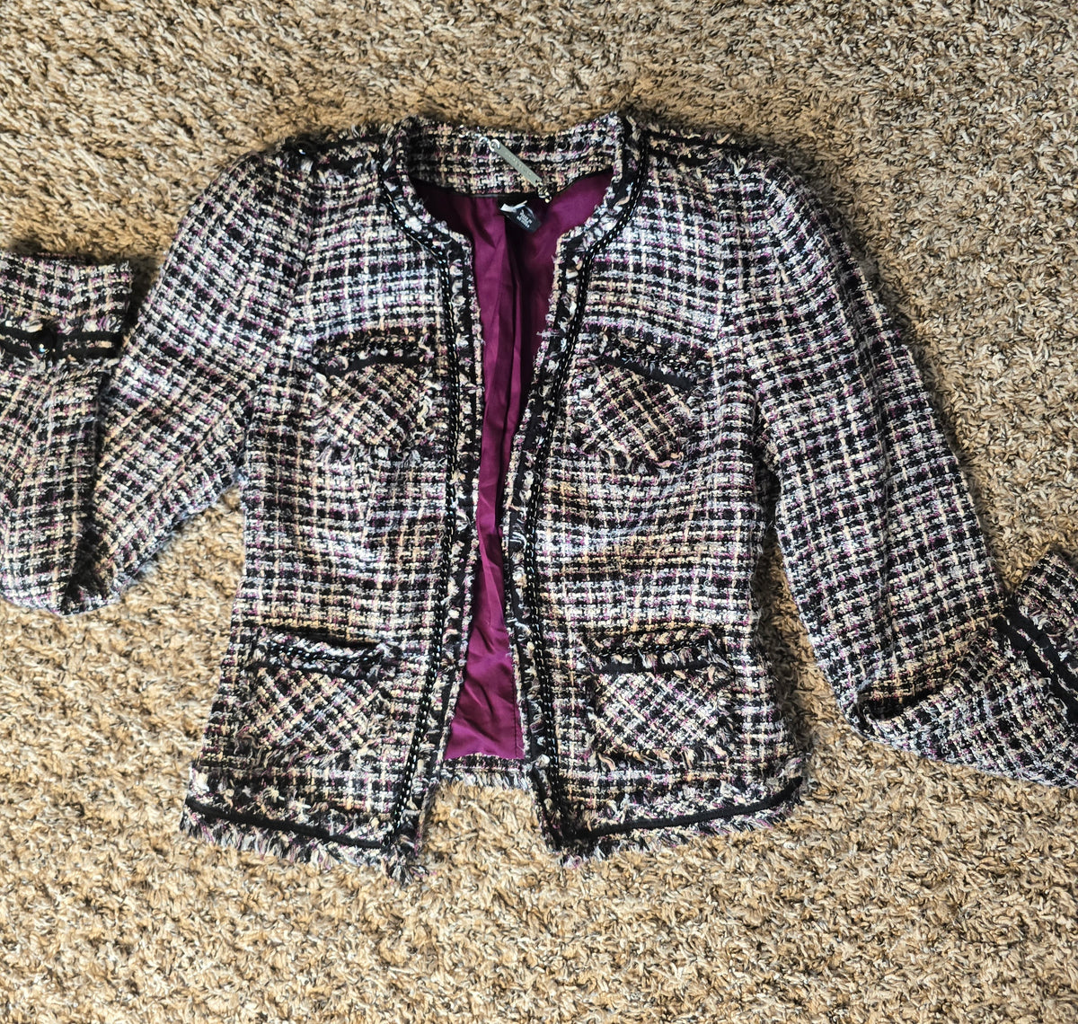 White House Black Market WHBM Tweed Bouclé Jacket Women's Size 0 Pink Black