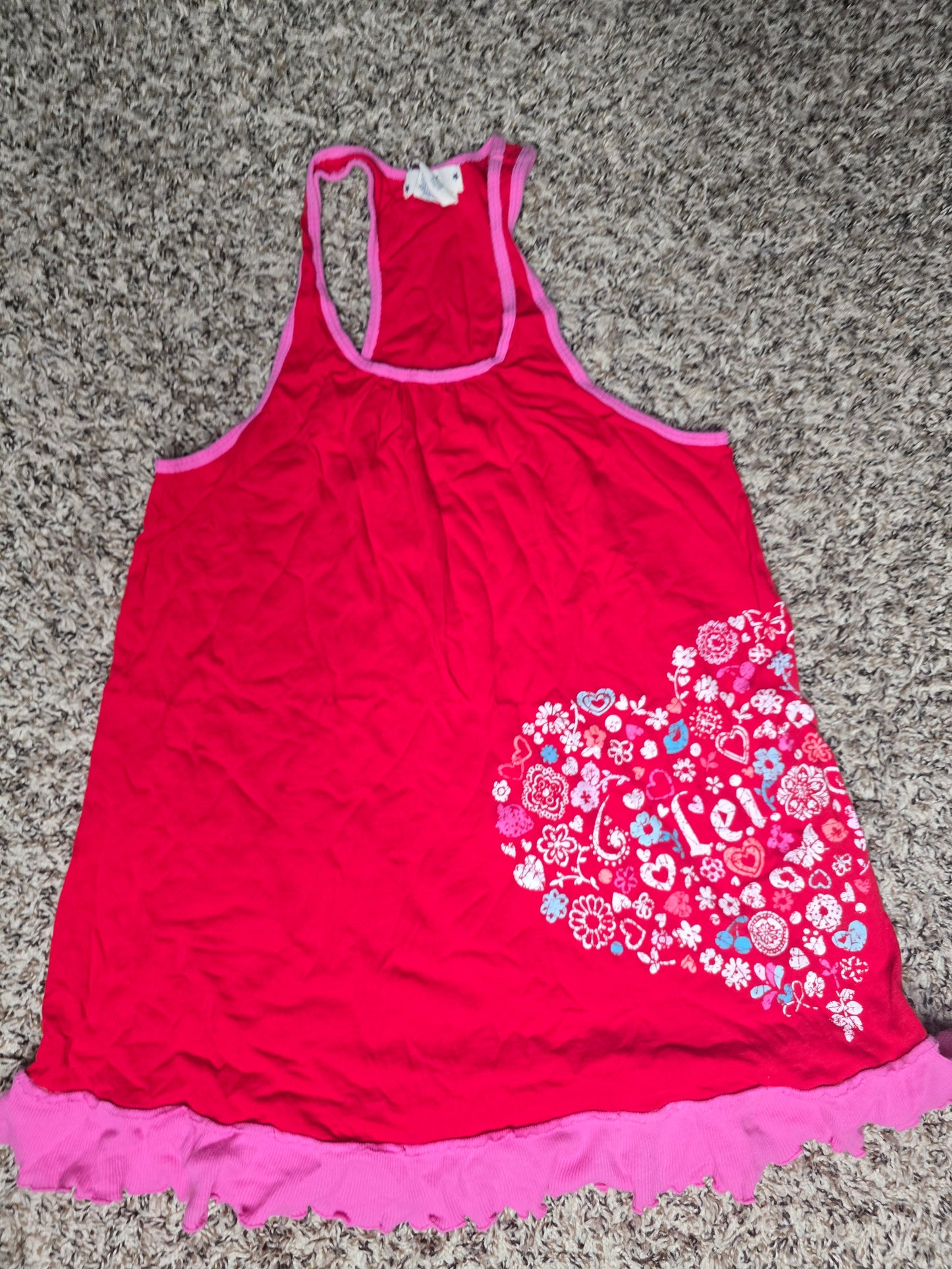 L.E.I. Sleeveless Racerback Tank Top – Women's Medium – Pink Graphic Ruffle Hem