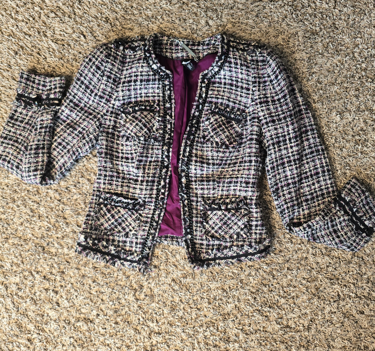 White House Black Market WHBM Tweed Bouclé Jacket Women's Size 0 Pink Black