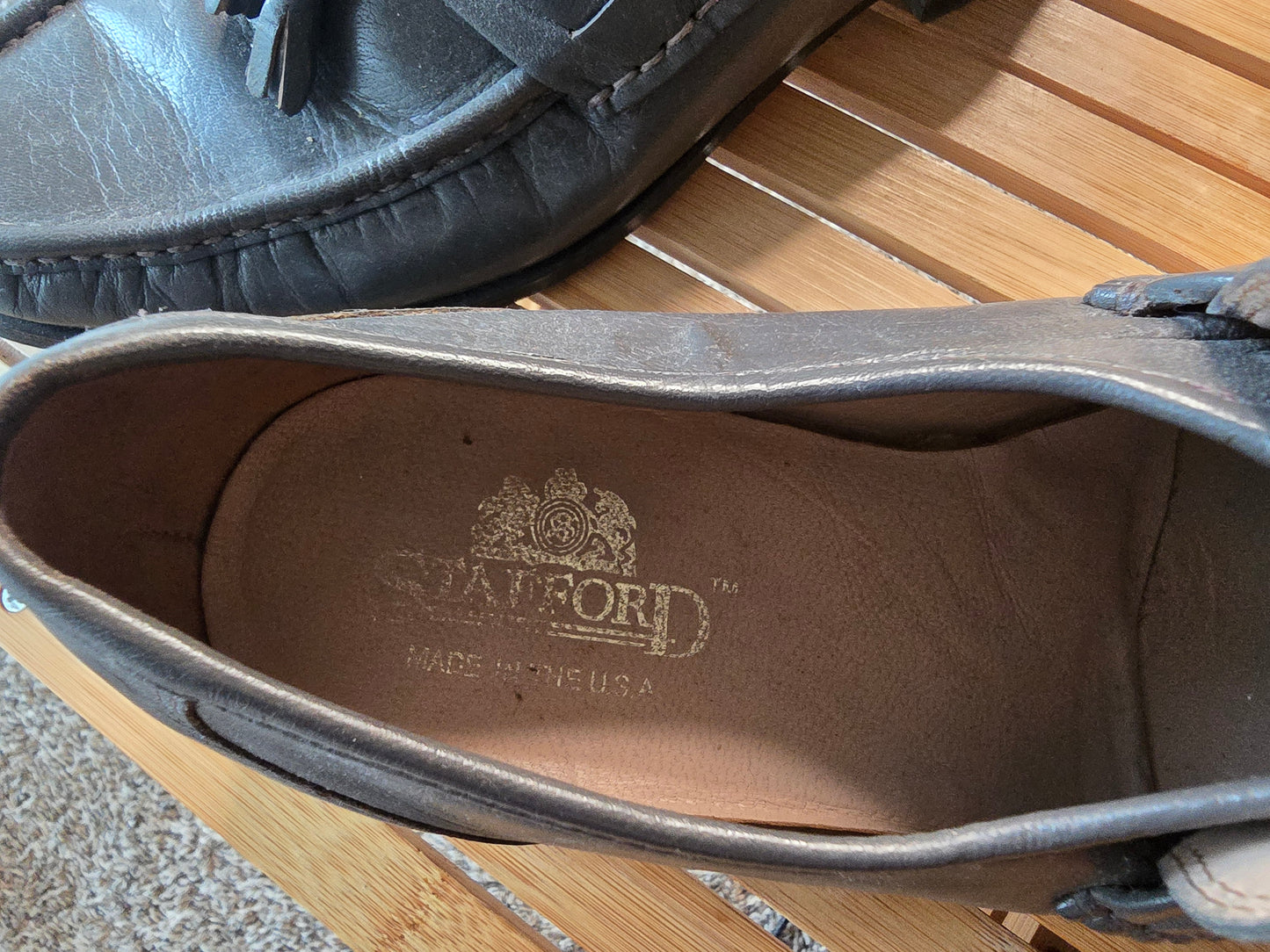 Stafford Men’s 9M Gray Leather Tassel Loafers Made in USA Vintage Dress Shoes