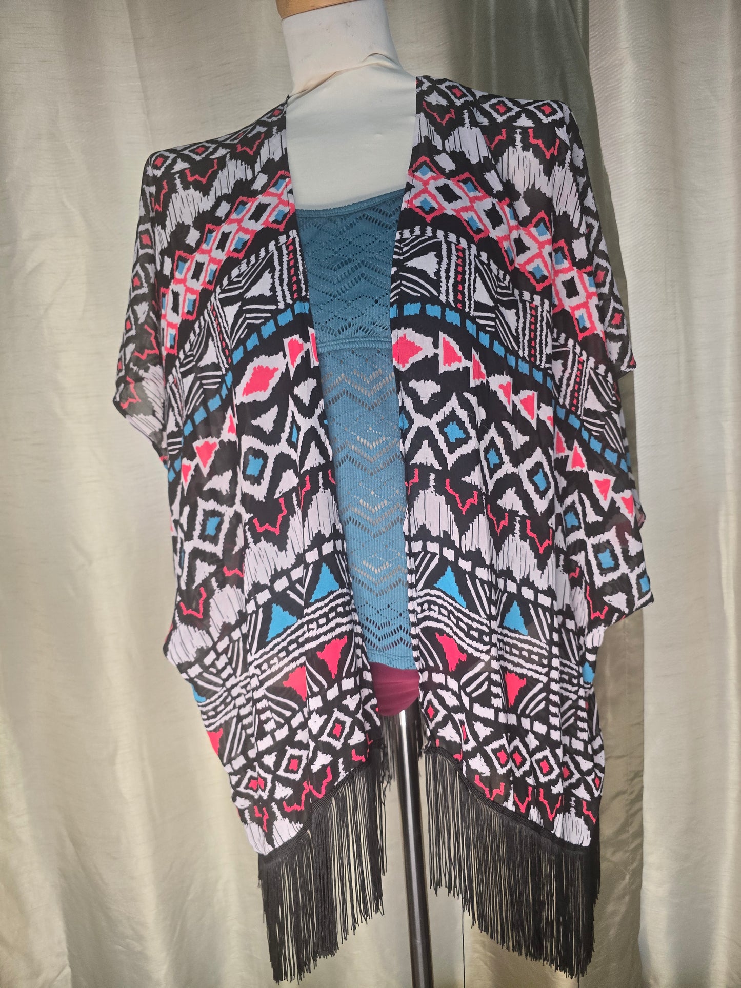 Fringe Geometric Kimono Swim Cover-Up – Black, White, Pink & Blue size M