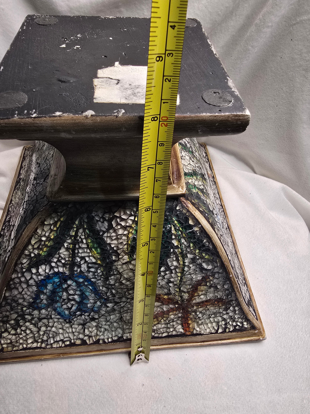 Decorative Mosaic Pedestal Bowl Dragonfly Butterfly Design Gold Tone 10" Centerpiece