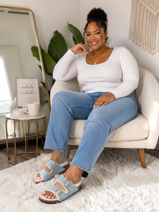 Fashion Nova Women's Faux Fur Double Buckle Slide Sandals – Pink/Blue– Size 8