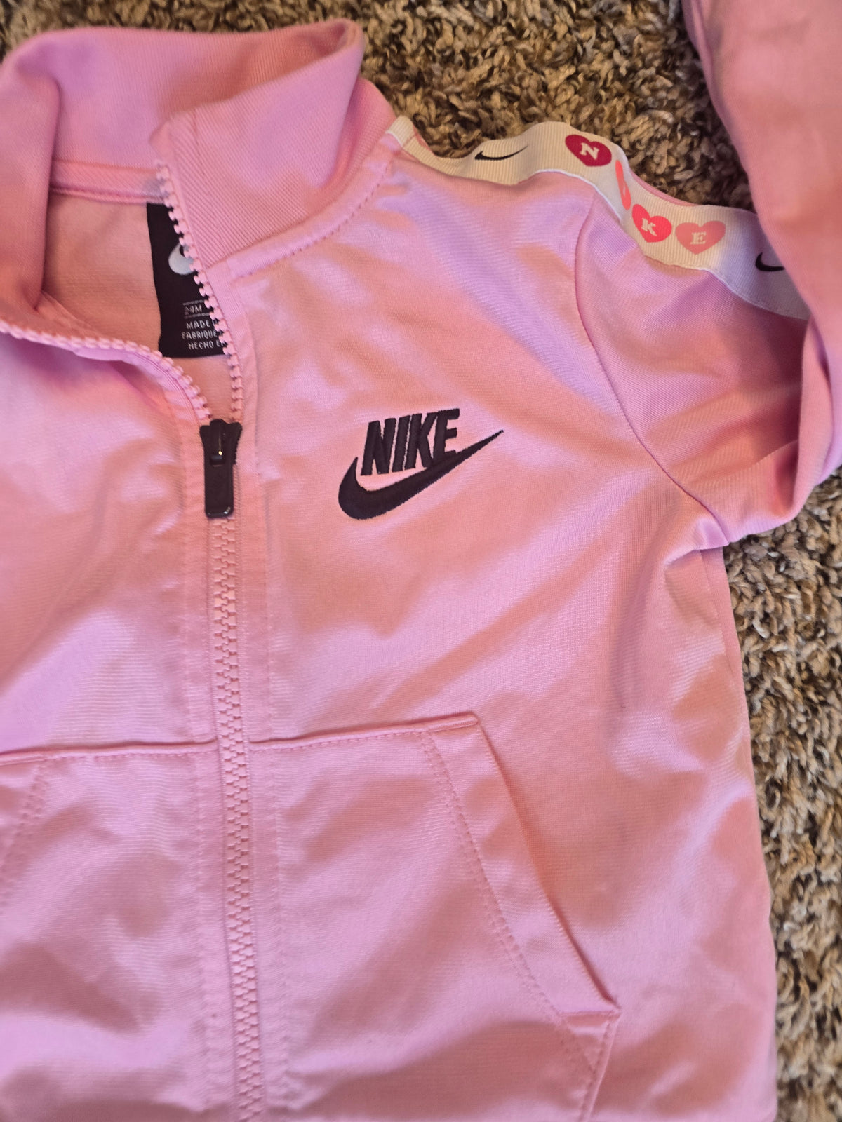 Nike Baby Girls Pink Full Zip Track Jacket Heart Logo Sleeve Stripe 24M