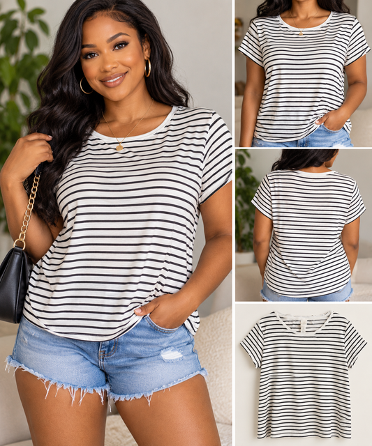 H&M Women's Black & White Striped Short Sleeve T-Shirt – Size Medium