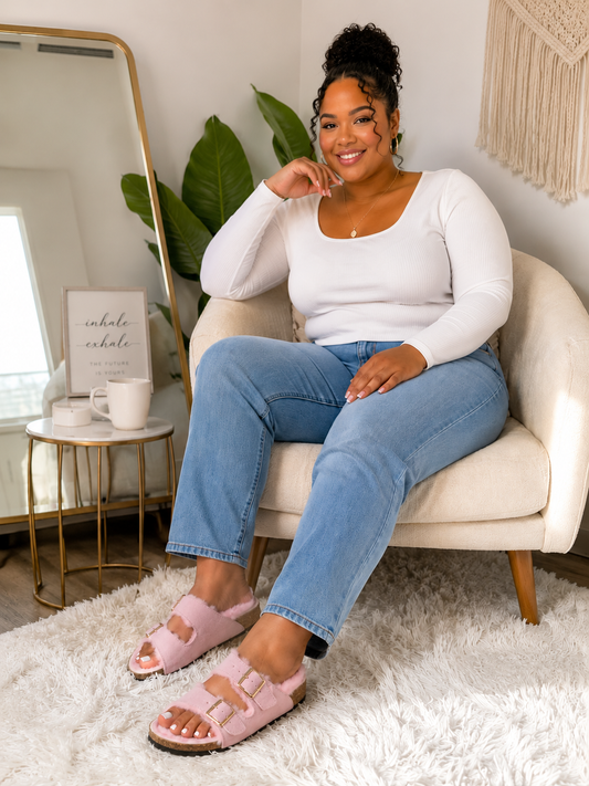 Fashion Nova Women's Faux Fur Double Buckle Slide Sandals – Pink/Blue– Size 8