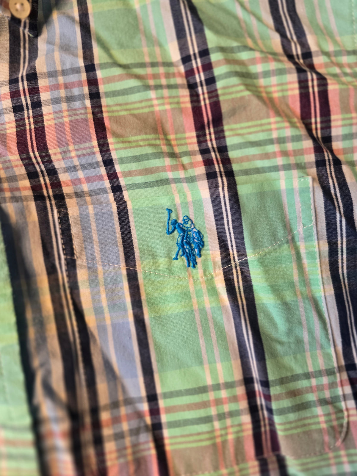 U.S. Polo Assn. Men’s Small Plaid Short Sleeve Button Down Stretch Shirt Green Blue
