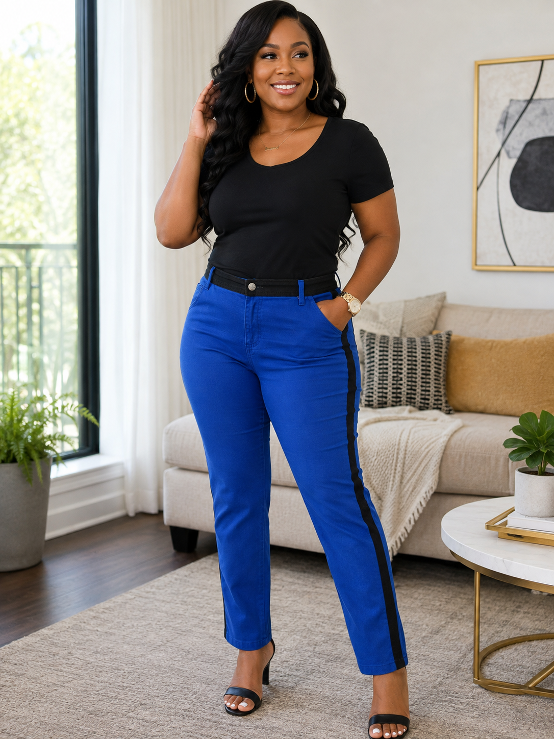 Miss Tina Women’s Royal Blue & Black Colorblock Pants – Size 14