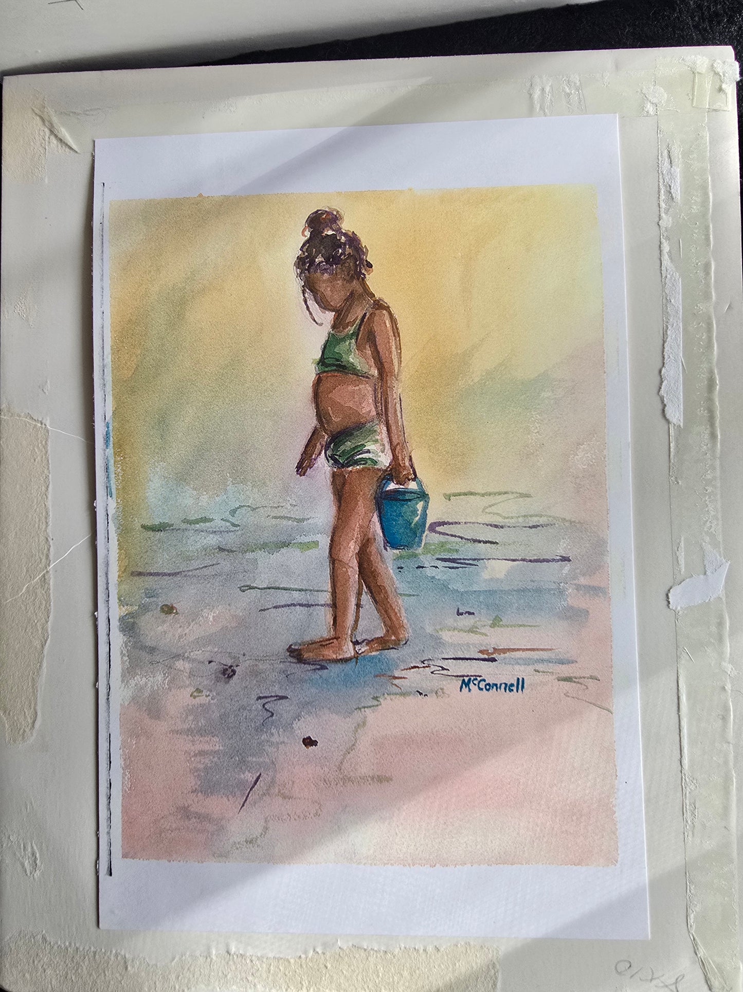 Original Signed McConnell Watercolor Painting Beach Girl w/ Blue Bucket Coastal Art