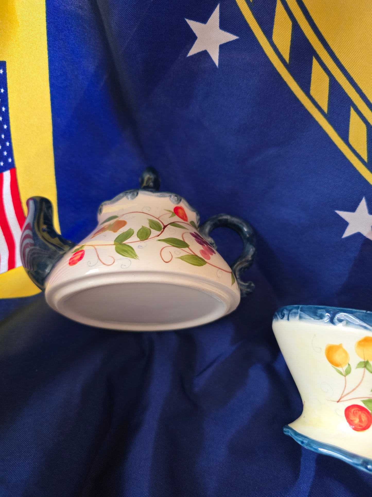 Vintage Ceramic Stackable Teapot & Teacup Set – Hand-Painted Fruit & Floral Design Blue Trim