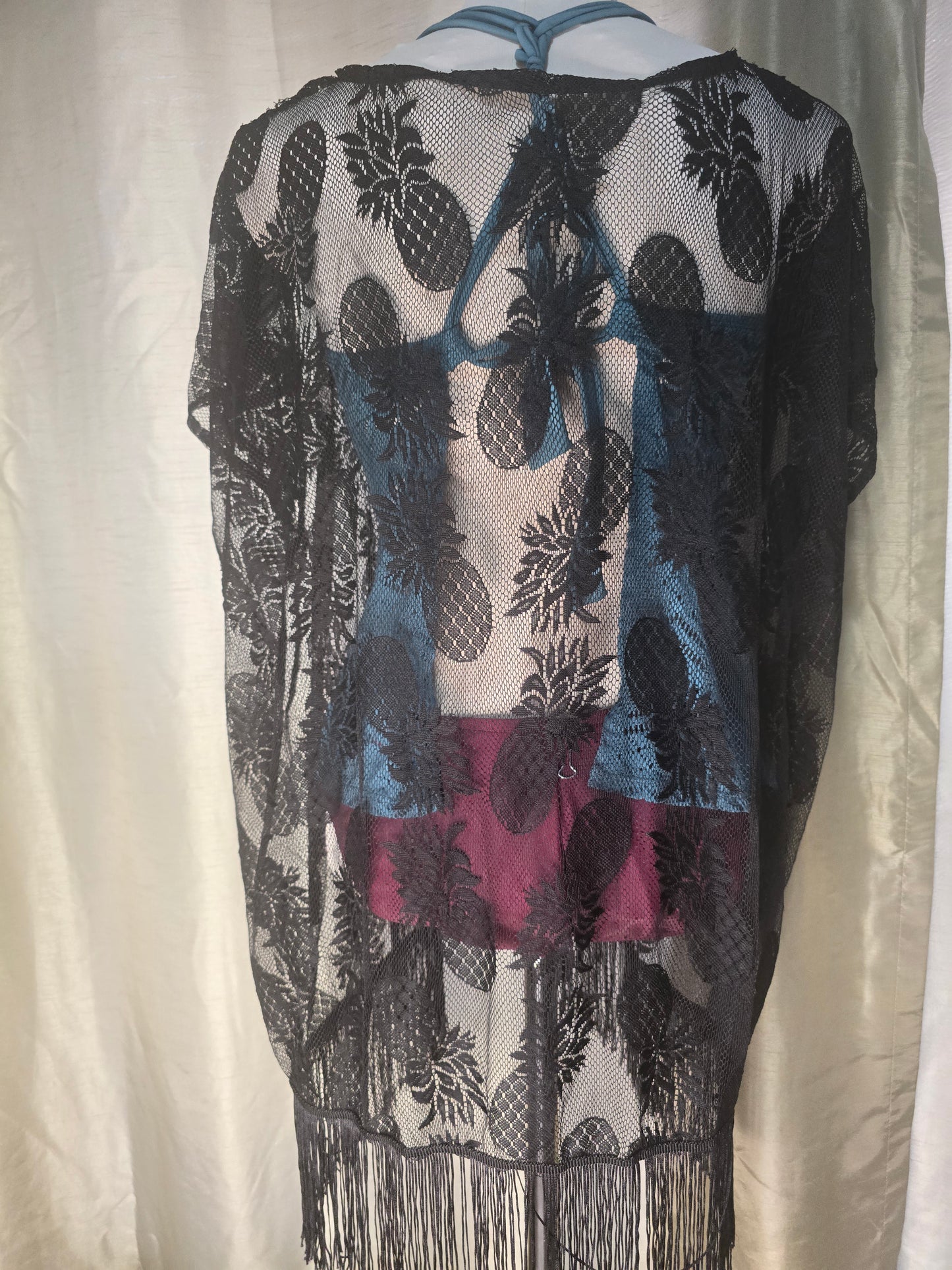 Black Sheer Pineapple Lace Fringe Kimono Cover-Up