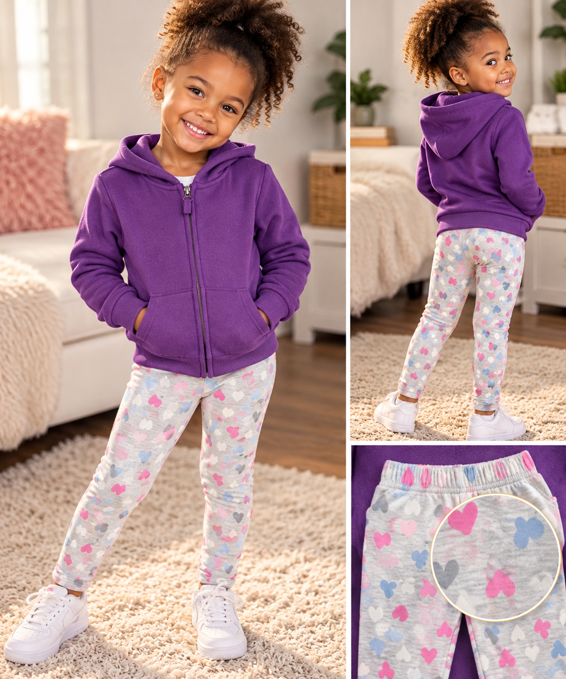 Girls H&M Purple Zip-Up Hoodie & DKNY Heart Print Leggings Set Size 4
