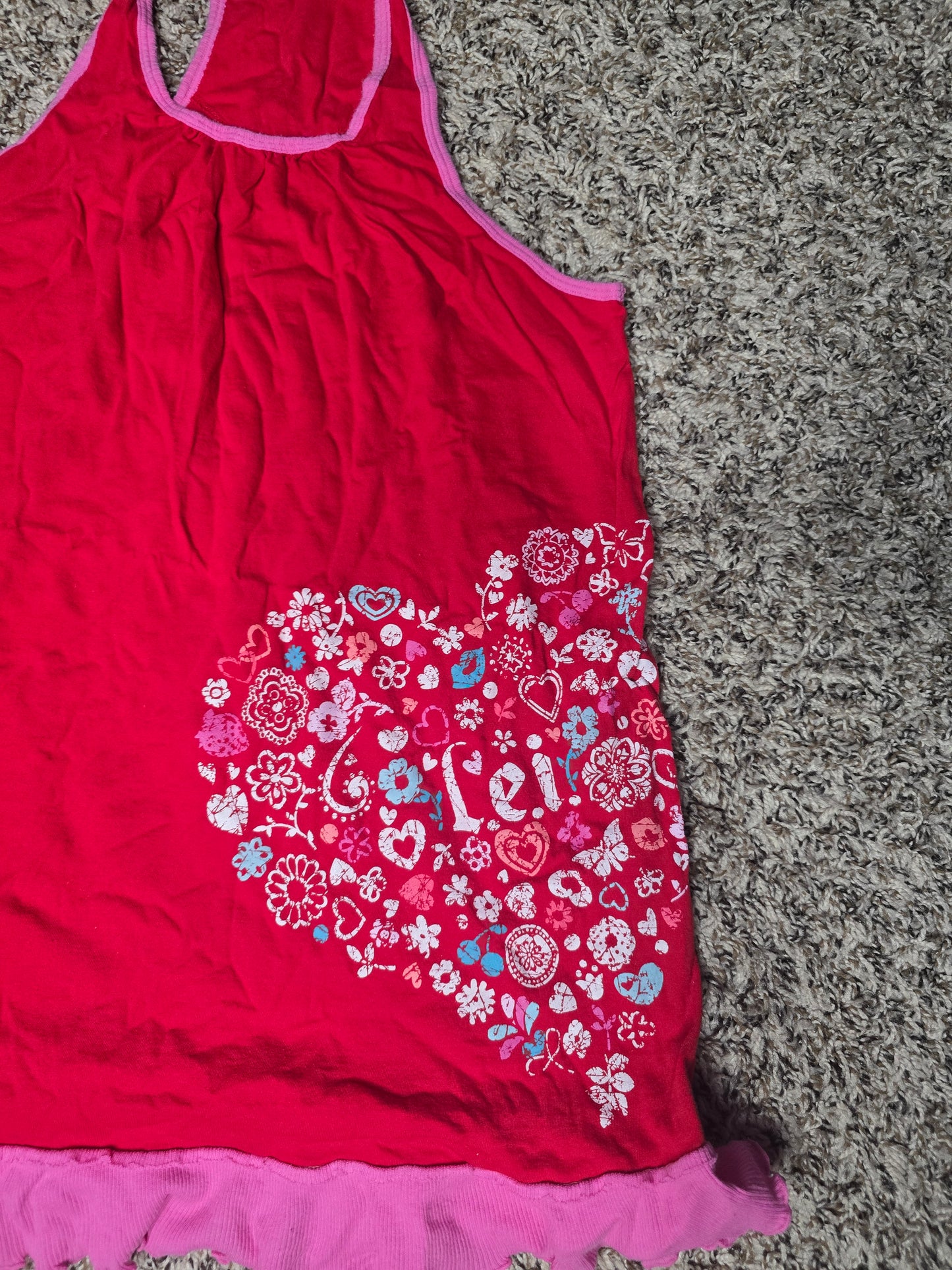 L.E.I. Sleeveless Racerback Tank Top – Women's Medium – Pink Graphic Ruffle Hem